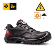 Black safety work boot with rugged sole and red heel patch; icons show heat resistance and weather protection.
