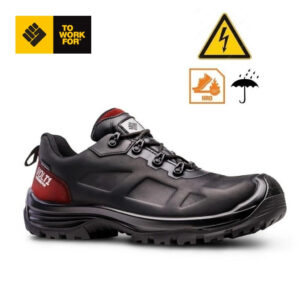 Black safety work boot with rugged sole and red heel patch; icons show heat resistance and weather protection.