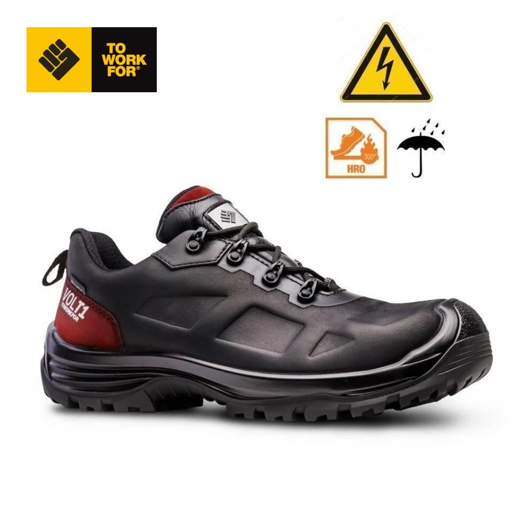 Black safety work boot with rugged sole and red heel patch; icons show heat resistance and weather protection.