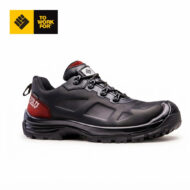 Black safety shoe with a thick tread and red heel panel marked Volt1.