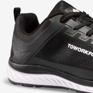 Close-up of a black athletic sneaker heel with textured fabric, plastic heel support, and white midsole detail.