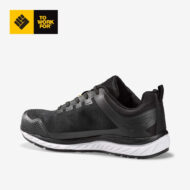Black athletic running shoe with white sole, sleek mesh upper and supportive heel counter. Top-left logo reading 'To Work For' in yellow and black.