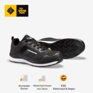 Black ToWorkFor safety shoe featuring a composite toe, metal-free midsole, and ESD protection icons shown beneath.