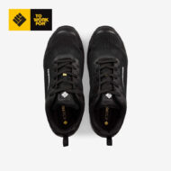 Pair of black running shoes viewed from above, with the To Work For logo in the top-left corner