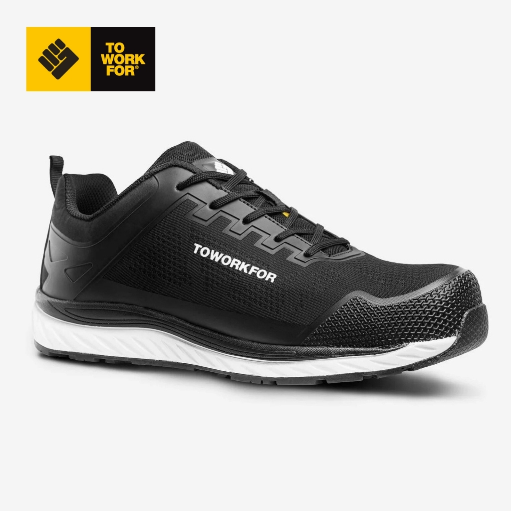 Black athletic shoe with white sole and 'TO WORK FOR' branding on the side; logo in top-left corner of the image.