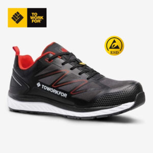 Black safety running shoe with red accents and white midsole, branded 'TOWORKFOR' (ESD badge visible nearby).