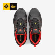 Top-down view of a pair of black athletic shoes with red interior and laces, To Work For logo in the top-left corner.