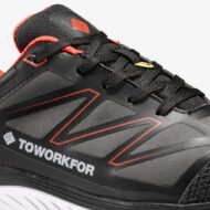 Close-up of a black athletic shoe with red accents and bold red outline graphics, featuring the text 'TOWORKFOR' on the side.