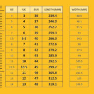 Shoe size conversion chart: US/UK/EUR sizes with length in mm; includes a separate width (mm) column. Example: US 4 = UK 3 = EUR 36, 239.4 mm.