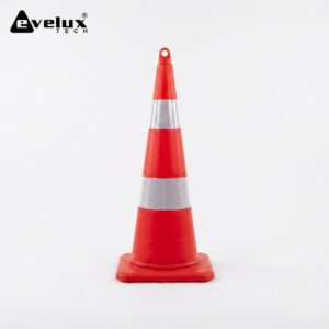 Red traffic cone with reflective stripes on a white background, Evolux Tech logo in the top-left corner.