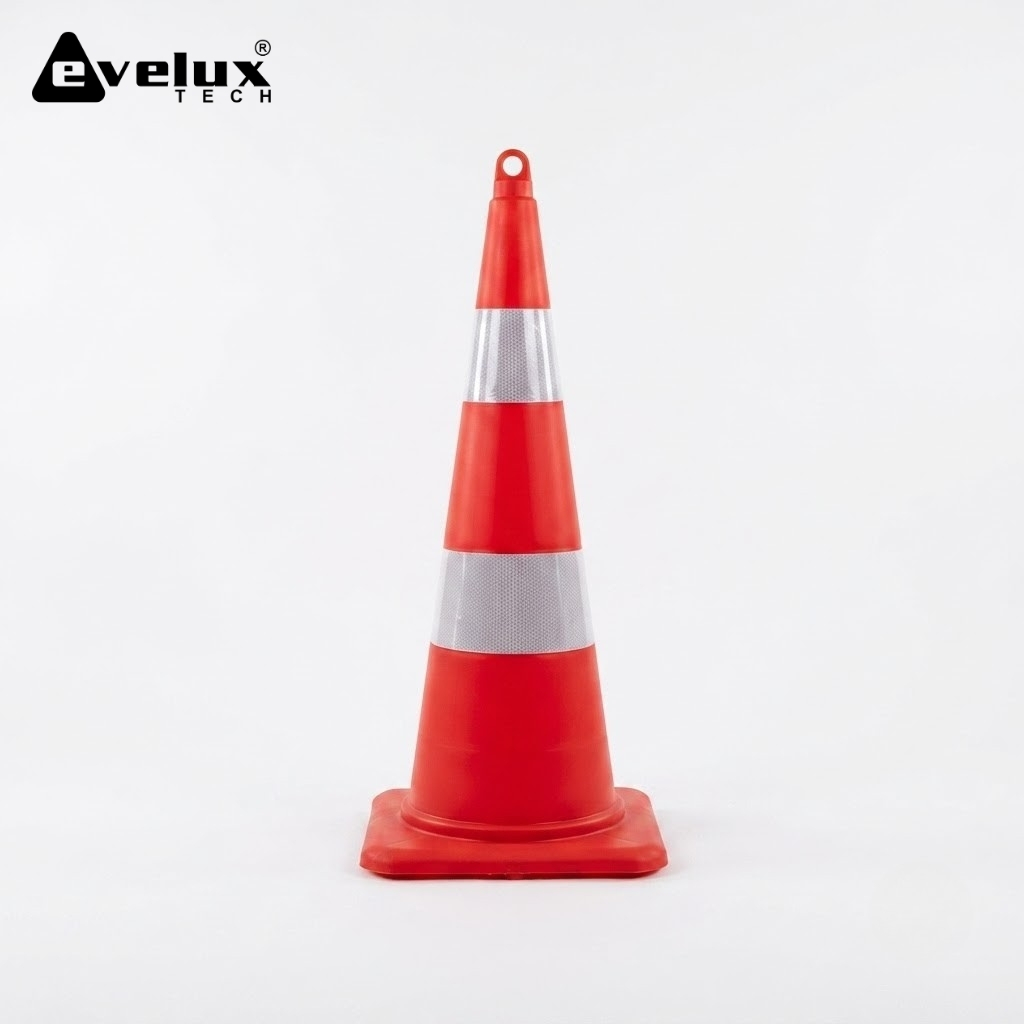 Red traffic cone with reflective stripes on a white background, Evolux Tech logo in the top-left corner.