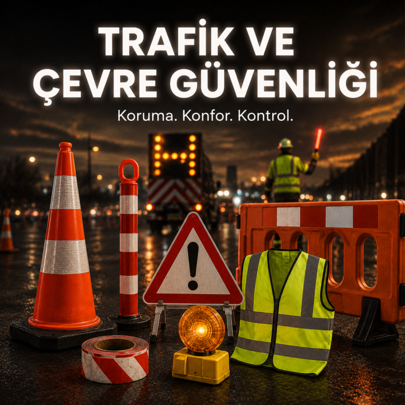 Traffic safety scene at dusk: orange cones, warning sign, barrier, and a worker in a high-visibility vest on a wet road.