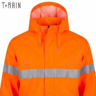 High-visibility orange rain jacket with a reflective silver band around the torso and sleeves, hooded with pink interior.