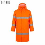 High-visibility orange raincoat with reflective silver bands, hooded, full-length, front zipper.