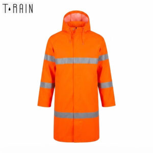 High-visibility orange raincoat with reflective silver bands, hooded, full-length, front zipper.