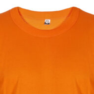 Orange crewneck T-shirt close-up showing collar stitching and a small 'M' size tag at the neckline