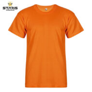 Front view of an orange short-sleeve T-shirt on a white background; plain design with Staris Workwear logo in the top-left.