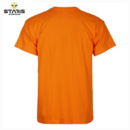 Back view of bright orange t-shirt, short sleeves, plain design; Staris Workwear logo visible in top-left corner.
