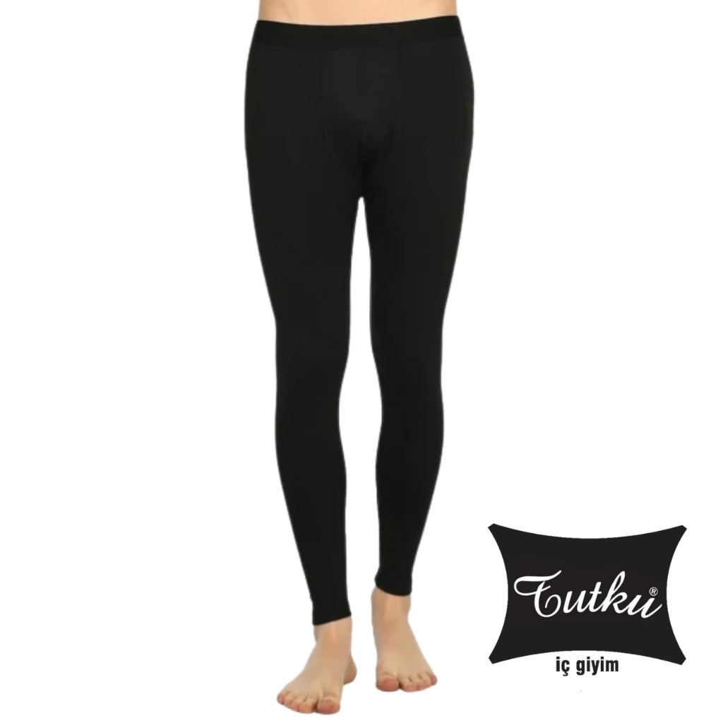 Black full-length leggings on a standing model, with feet visible; brand logo 'Tutku iç giyim' at the bottom right.
