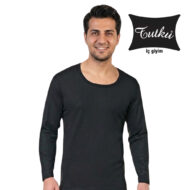 Smiling man wearing a black long-sleeve undershirt, standing against a white background; brand logo 'Foutku iç giyim' appears in the top-right corner.