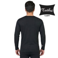 Back view of a man wearing a black long-sleeve shirt against a white background, with a Foutku iç giyim logo in the top-right corner.
