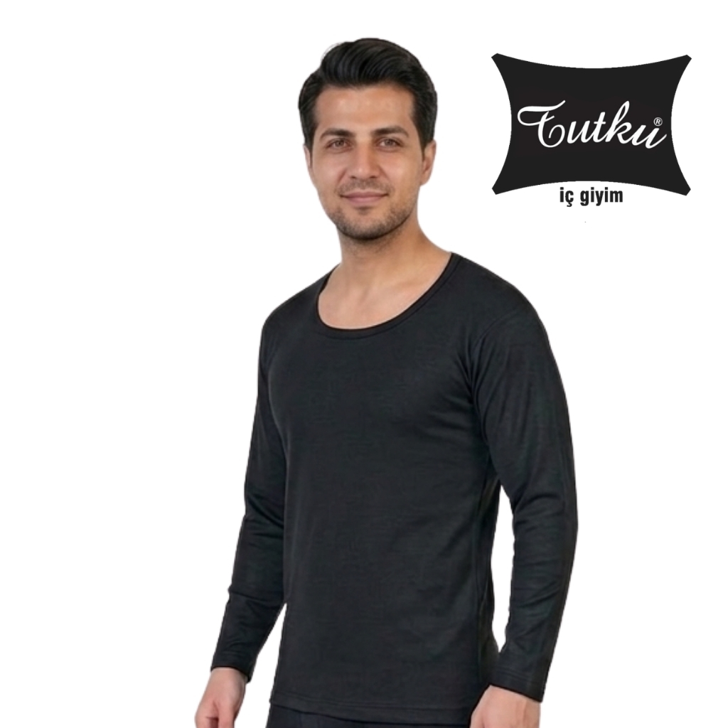 Male model wearing a black long-sleeve crew-neck shirt, standing against a white background, with a Fouku iç giyim logo in the top-right corner.