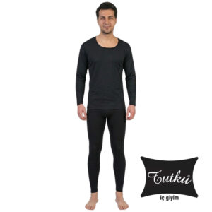 Man wearing black long-sleeve top and black leggings, standing barefoot and facing forward; Toutku iç giyim logo in bottom right corner.