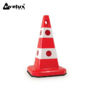 Plastic red and white traffic cone with reflective bands and circular red decals, standing on a square black-edged base