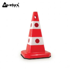 Plastic red and white traffic cone with reflective bands and circular red decals, standing on a square black-edged base