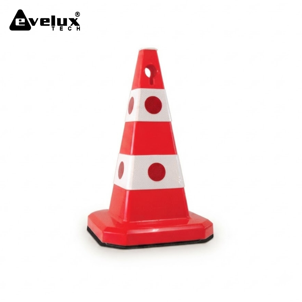 Plastic red and white traffic cone with reflective bands and circular red decals, standing on a square black-edged base