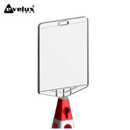 Product mockup: a white tablet-like display mounted on a metallic stand with a red base, Evolux Tech logo in the corner.