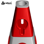 Red cone-shaped housing with a circular keyhole opening, mounted on a gray base; Evolux Tech branding in the corner.