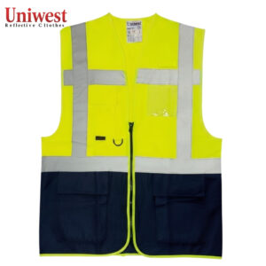 High-visibility safety vest with reflective strips and navy pockets, front zipper and multiple storage pockets in bright yellow and navy.