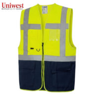 High-visibility safety vest in neon yellow with grey reflective strips and navy pockets, front zipper, Uniwest logo.
