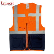High-visibility orange safety vest with silver reflective strips, navy lower section, multiple pockets and front zipper.