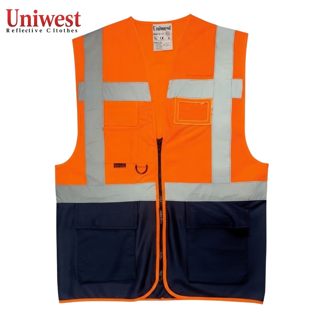 High-visibility orange safety vest with silver reflective strips, navy lower section, multiple pockets and front zipper.