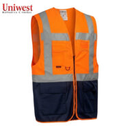 Bright orange high-visibility safety vest with reflective gray stripes, navy lower pockets, and front zipper.