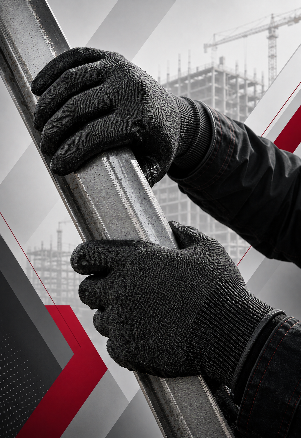 Two gloved hands grip a metal beam at a construction site, with a building frame in the background.