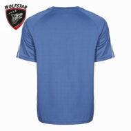 Back view of blue athletic jersey with raglan sleeves and subtle texture; Wolfstar logo in the top-left corner.