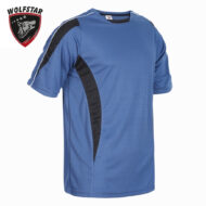 Blue athletic short-sleeve jersey with black curved side panel, displayed from a side angle; Wolfstar logo appears in the upper left corner