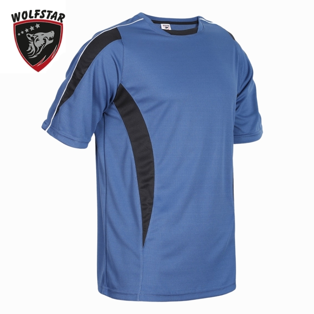 Blue athletic short-sleeve jersey with black curved side panel, displayed from a side angle; Wolfstar logo appears in the upper left corner