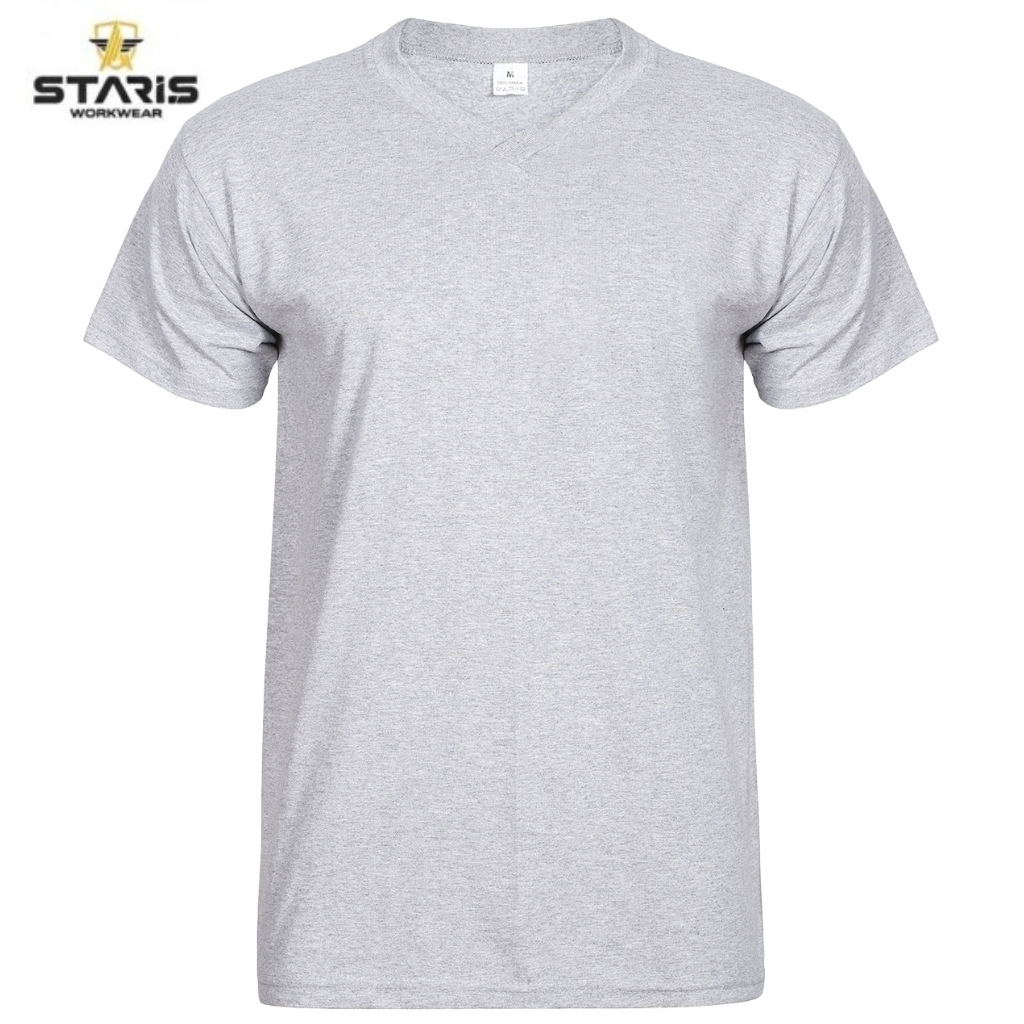 Gray short-sleeve crew-neck T-shirt on a white background, with a Staris Workwear logo in the top-left corner.