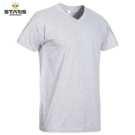 Gray V-neck T-shirt for Men by Staris Workwear, plain front with the Staris logo in the top-left corner