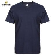 Navy blue V-neck short-sleeve T-shirt with Staris Workwear logo in the top-left corner.