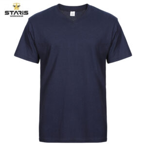 Navy blue V-neck short-sleeve T-shirt with Staris Workwear logo in the top-left corner.
