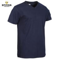 Navy blue V-neck short-sleeve T-shirt with Staris Workwear logo in the top-left corner.