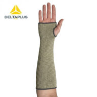 Beige protective arm sleeve with a thumb opening, worn on the forearm; DeltaPlus logo in the top left.