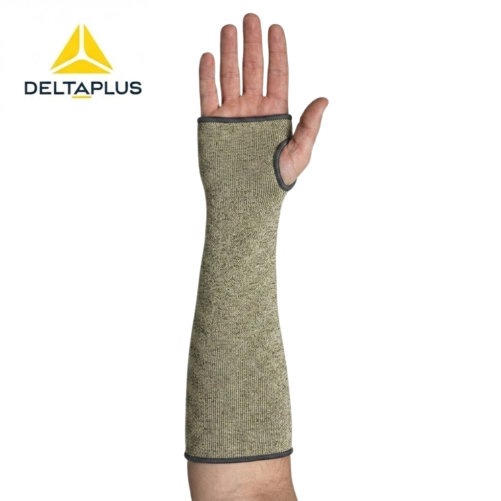 Beige protective arm sleeve with a thumb opening, worn on the forearm; DeltaPlus logo in the top left.