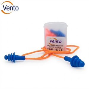 Vento-branded hearing protection kit with blue earplugs and an orange cord beside a small storage container on a white background