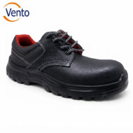 Black leather work boot with red interior and chunky tread on a white background; Vento logo appears in the top-left corner.